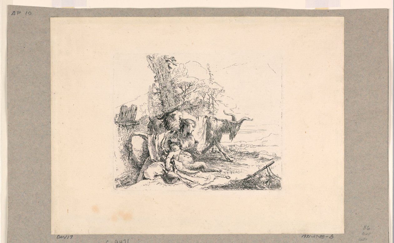 Kvinna med ett spädbarn Satyr, från Vari Capricci av Giovanni Battista Tiepolo