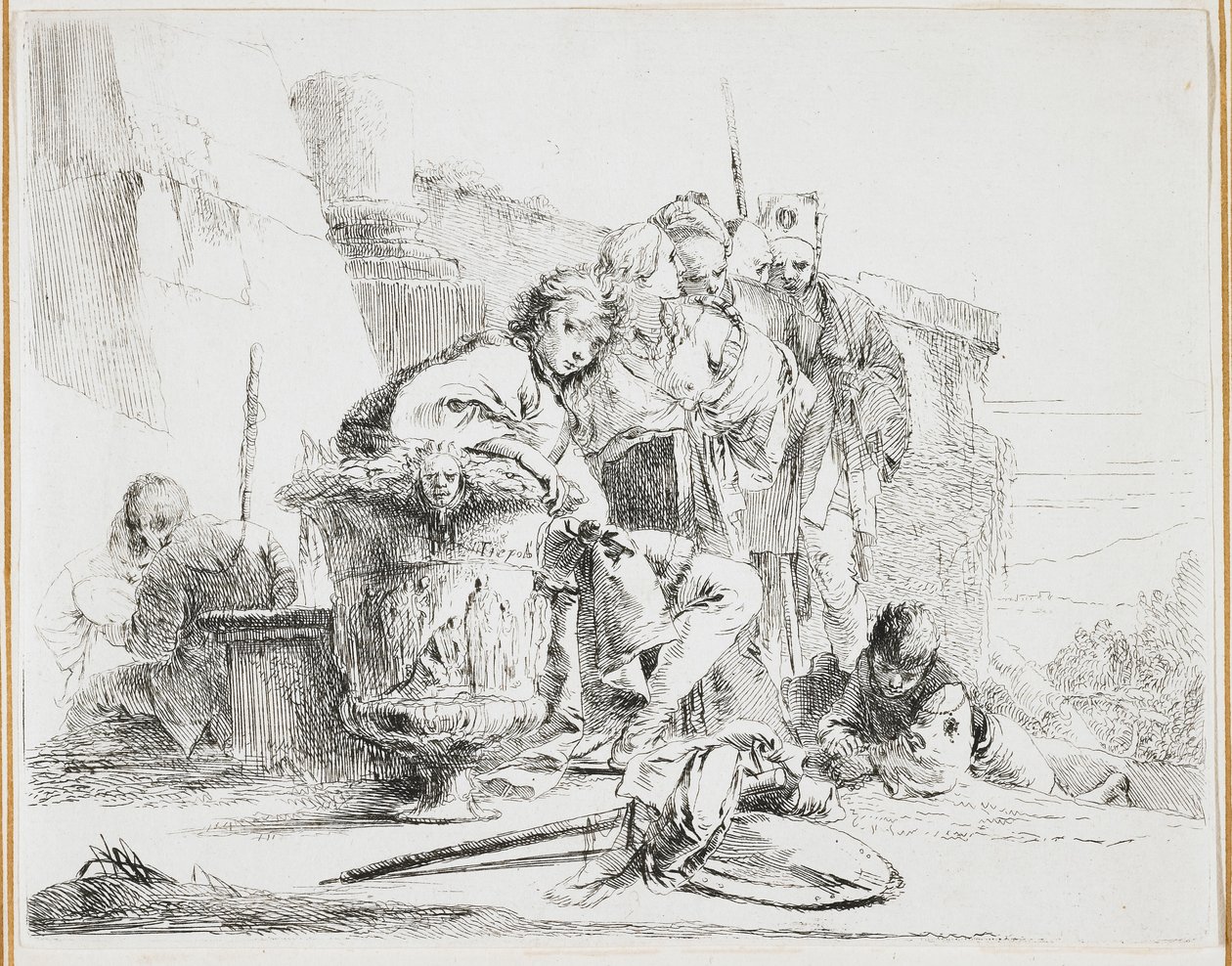 Ung man sittande, lutad mot en urna, tallrik från Vari Capricci (Various Caprices), 1740-talet av Giovanni Battista Tiepolo