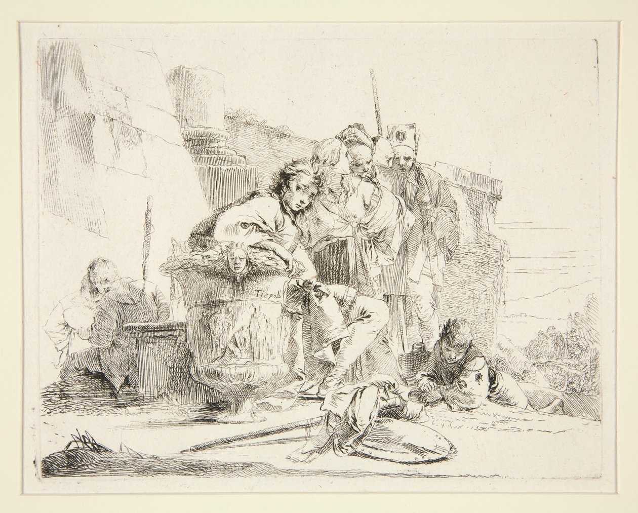 Ung man sittande och lutad på en urna, från serien Vari Capricci av Giovanni Battista Tiepolo