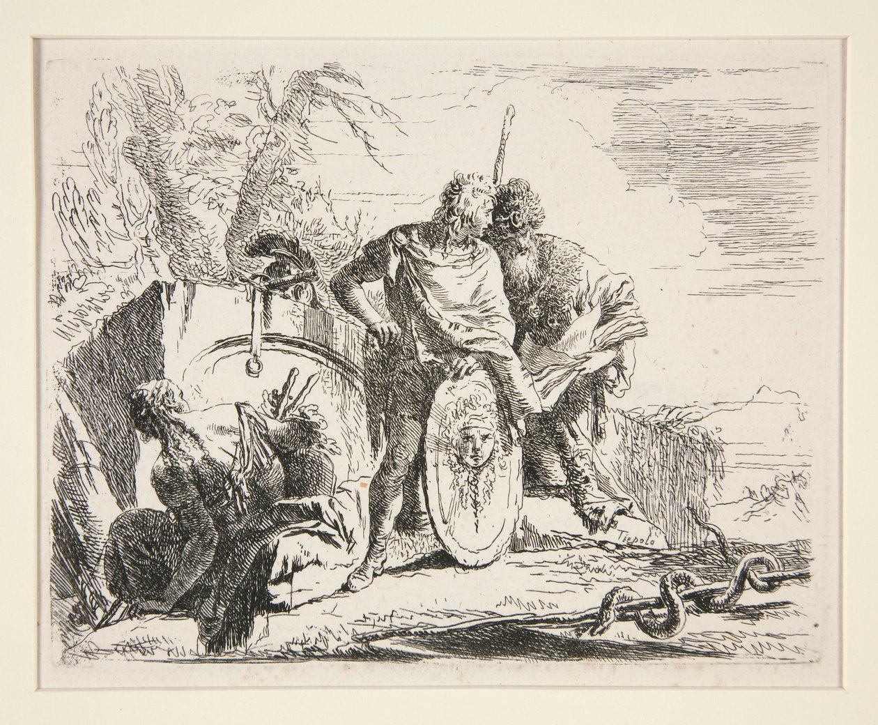 Ung soldat med filosof och sittande kvinna, från serien Vari Capricci av Giovanni Battista Tiepolo