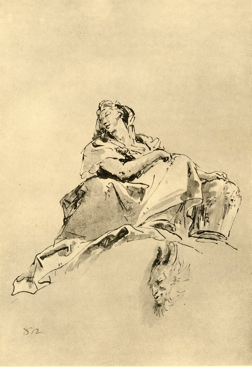 Ung kvinna sitter och håller en kanna vid sin sida, mitten av 1700-talet, 1928 av Giovanni Battista Tiepolo