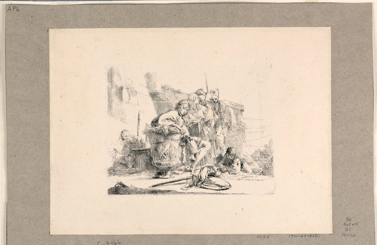 Ungdom sitter vid en urna och andra figurer, från Vari Capricci av Giovanni Battista Tiepolo