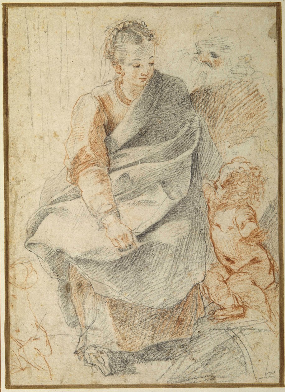 Den heliga familjen (röda och svarta krita på vitt papper) av Giovanni Battista Vanni