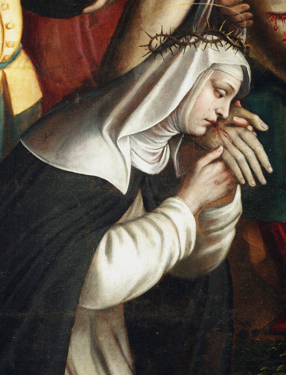 La deposition Detail representant saint Catherine of Siena - (Detalj av depositionen som visar den heliga Katarina av Siena) Målning av Giovanni Battista Secco dit il Caravaggino (aktiv 1572-1625) 1616 Kapellet i Santa Corona, Basilica di Santa Maria delle av Giovanni Battista called Caravaggino Secco