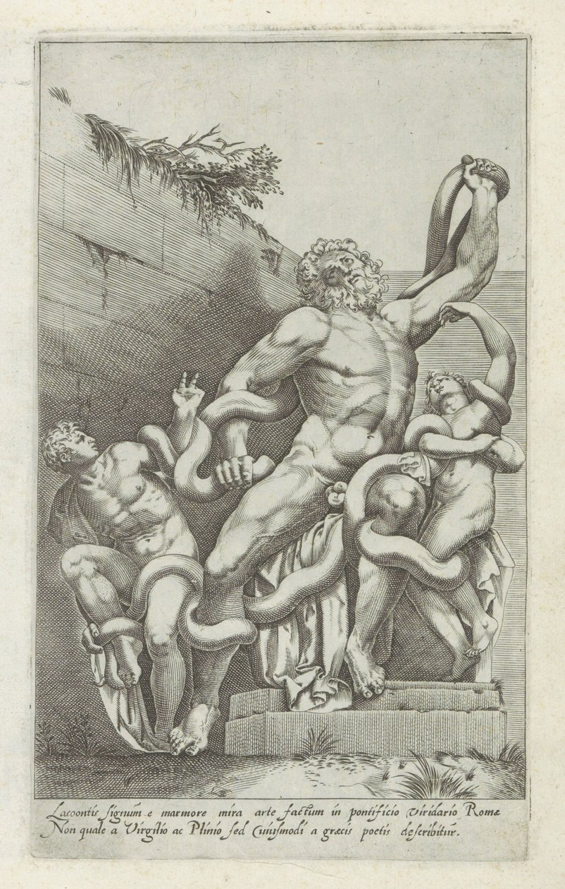 Laocoöngrupp Lacoons skylt av marmor med underbar konst (...) (titel på objekt) Antika skulpturer i Rom (serietitel) Ikoner av de antika statyerna av staden Rom som ses på offentliga platser (serietitel) av Giovanni Battista de