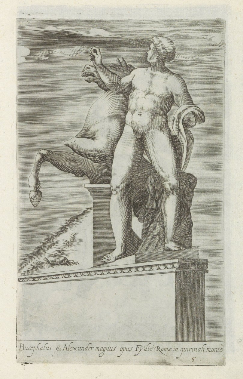Sculptuur van een van de Dioscuren op het Quirinaal te Rom Bucephalus & Alexander stora verk (...) (titel på objekt) Antika skulpturer i Rom (serietitel) Ikoner av de antika statyerna av staden Rom som ses på offentliga platser (serietitel) av Giovanni Battista de