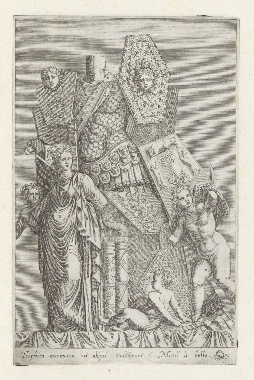 Trofee van wapans, een vrouwenfiguur och engelen En marmortrofé som vissa tror (...) (titel på objekt) Antika skulpturer i Rom (serietitel) Ikoner av de antika statyerna av staden Rom som ses på offentliga platser (serietitel) av Giovanni Battista de