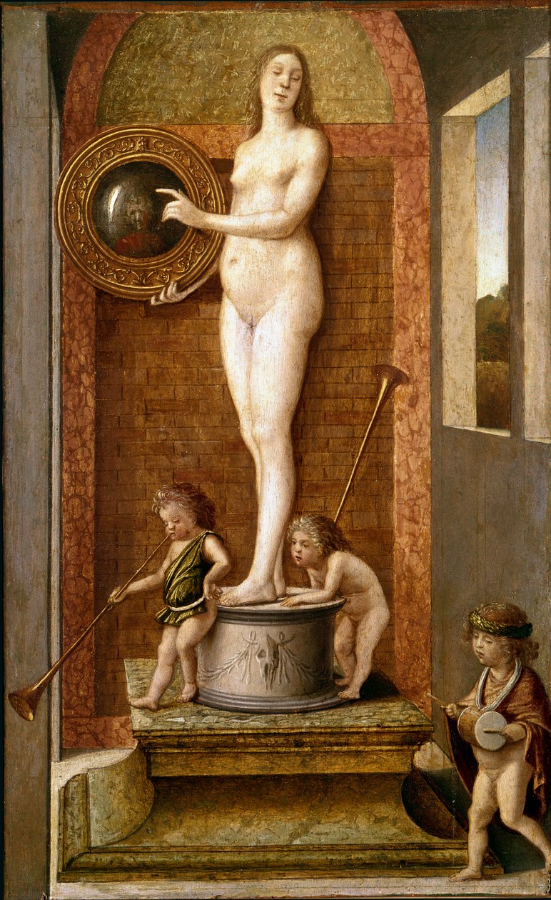 Allegory of Pudence (eller Vanite). Målning på trä av Giovanni Bellini (ca 1432-1516) sa il Giambellino 1490 ca. Storlek 34x21 cm Venedig, Accademia Galleries av Giovanni Bellini