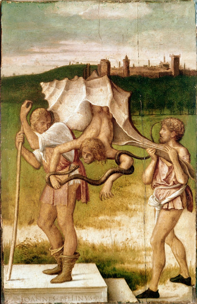 Allegori om medisance eller avundsjuka En karaktär av ett gigantiskt skal, en orm lindar sin arm, Trämålning av Giovanni Bellini dit Giambellino (1425/1433-1516) 1480-1490 Venedig, Gallerie dell
