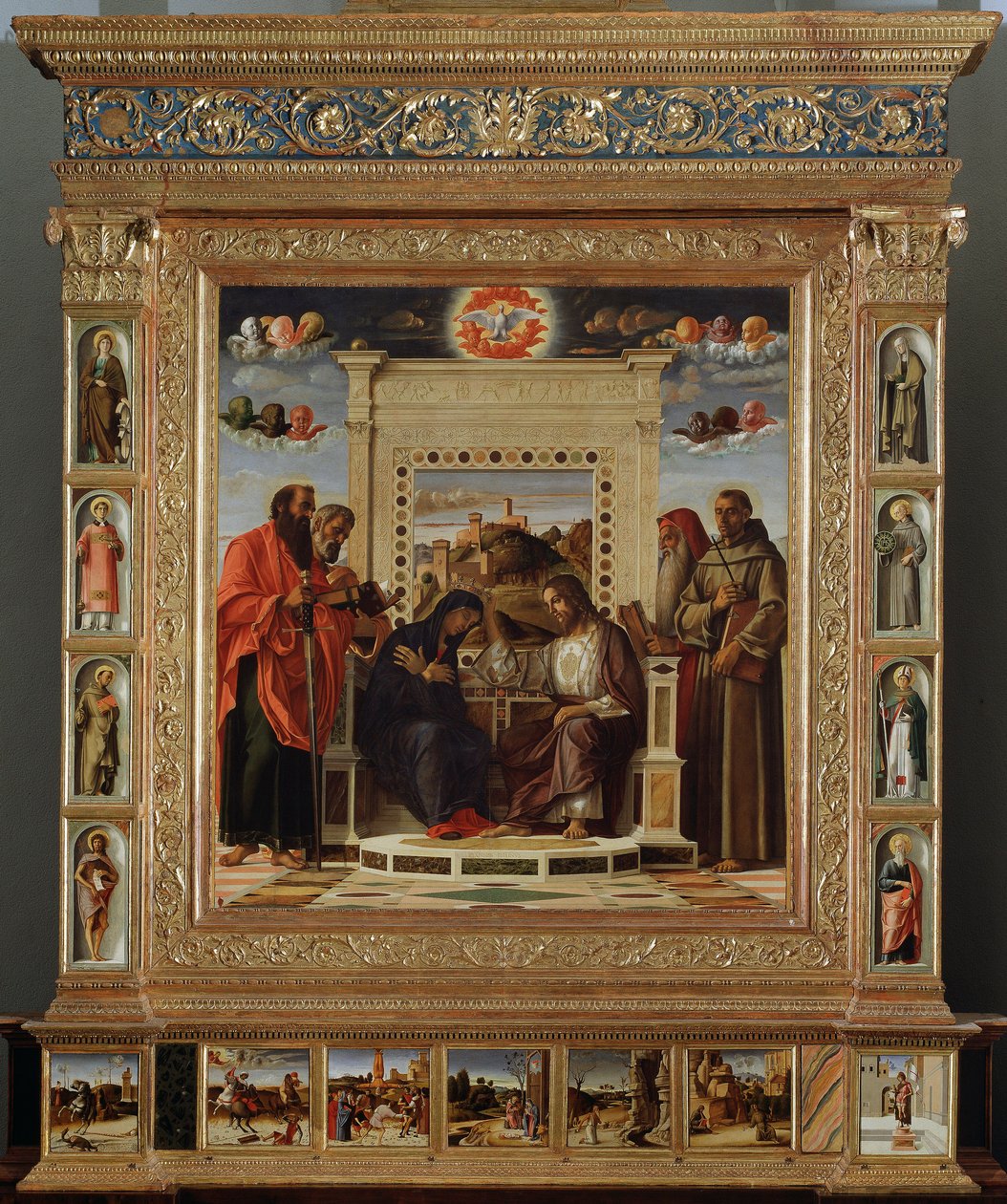Altartavla Bellini: central del "" kröning av Jungfrun mellan Sankt Peter och Sankt Paulus (vänster) och Sankt Hieronymus och Sankt Francois av Assisi (höger)"" Oljemålning och repris av Giovanni Bellini (cirka 1432-1516) sa il Giambellino. 1475 ca. Su av Giovanni Bellini