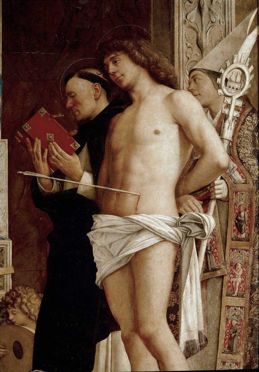 Altartavla av Saint Job: Jungfru och barn med sex heliga och musiker änglar. Detalj (tempera på panel, ca 1487) av Giovanni Bellini