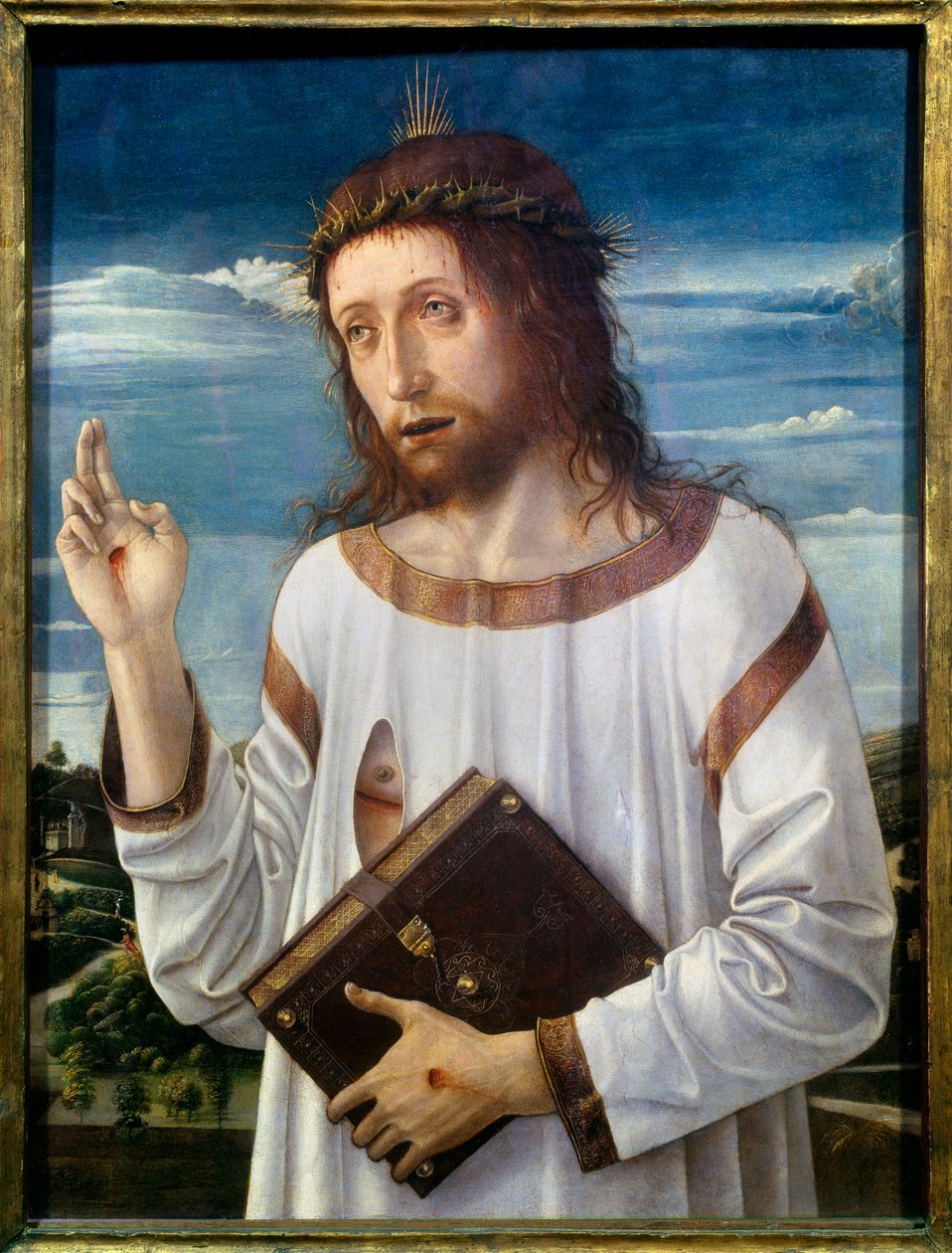 Kristusbänkmålning av Giovanni Bellini dit il Giambellino (1430-1516) 1460 sön.0,58x0,46 m - Kristusvälsignelsen. Målning av Giovanni Bellini kallad Giambellino (1430-1516) 1460. 0,58 x 0,46 m. Louvren, Paris av Giovanni Bellini