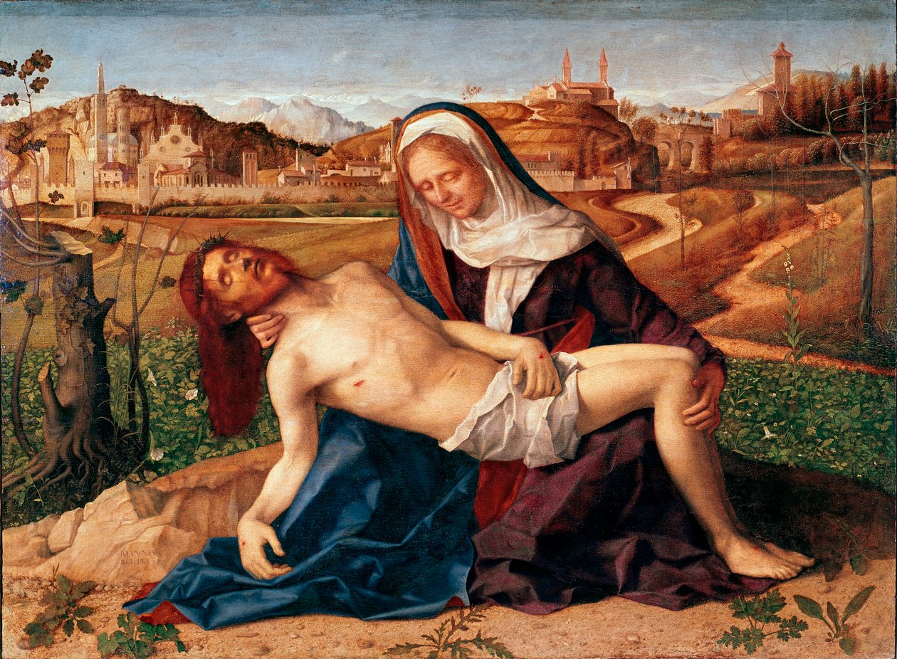 Kristus dog i Jungfru Pietas armar. Målning av Giovanni Bellini dit il Giambellino (1432 ca.-1516) 1505 Mått 65x90 cm. Venedig, Accademia Galleries av Giovanni Bellini