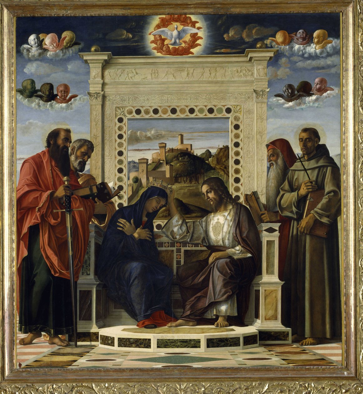 Jungfruns kröning med SS. Paulus, Peter, Hieronymus och Franciskus av Assisi med scener från helgonens liv i predellapanelen, känd som altartavlan 