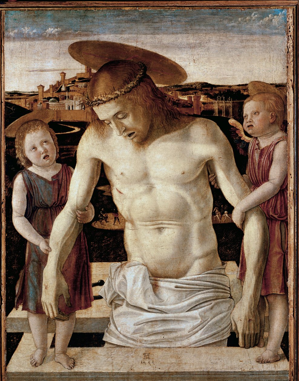 Död Kristus med två änglar (tempera på panelen av Giovanni Bellini