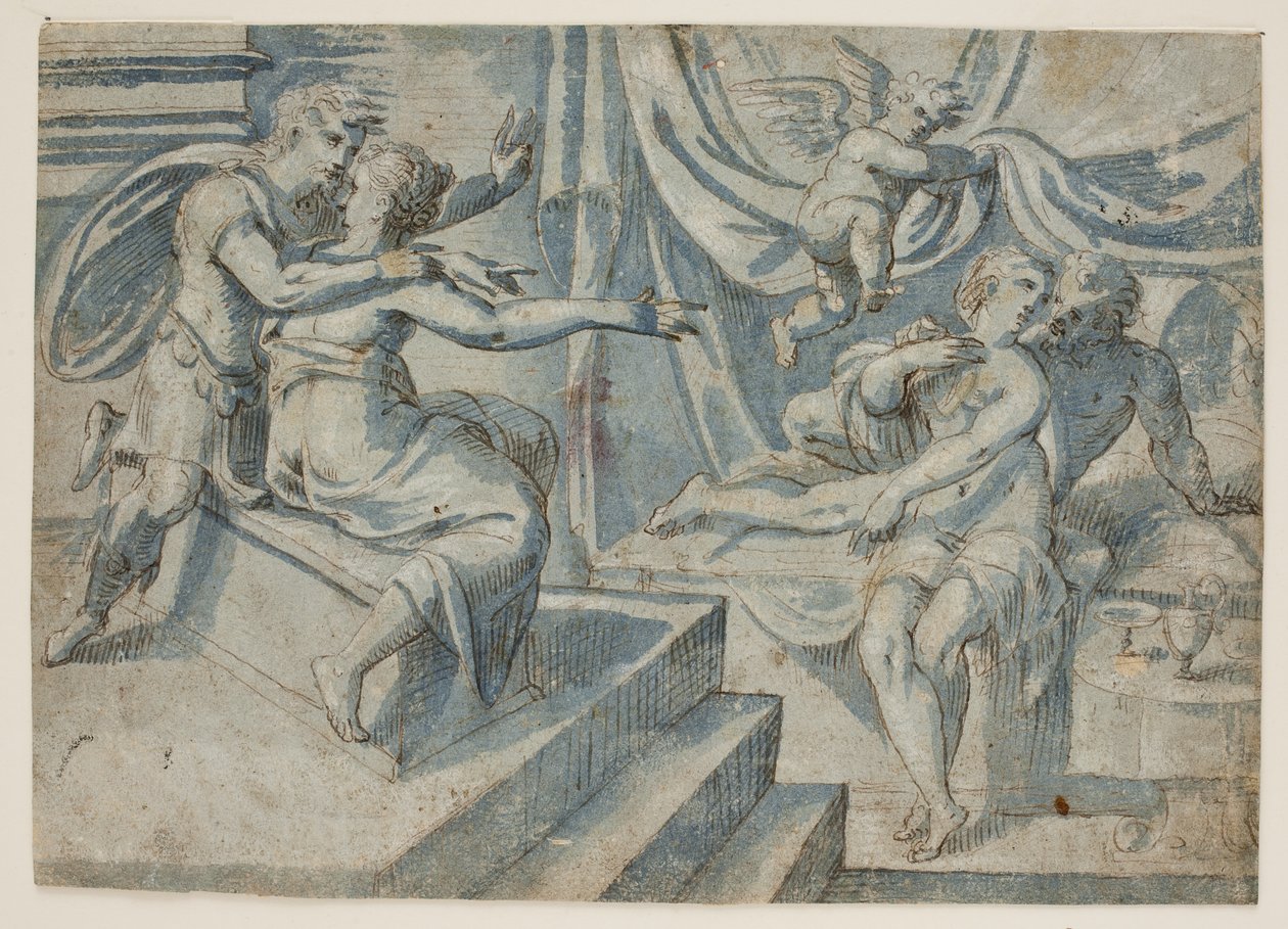 Ett älskande par på en säng avslöjas av en putto för en romersk soldat och hans fru av Giovanni Bellini