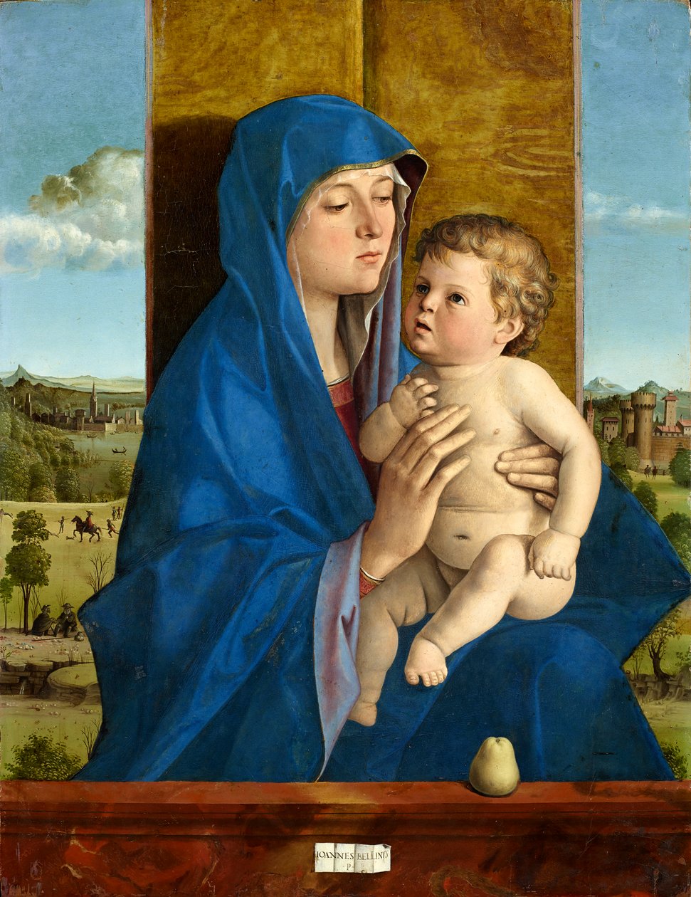 Italienska: Madonna col Bambino (Madonna di Alzano) Madonna med päron av Giovanni Bellini