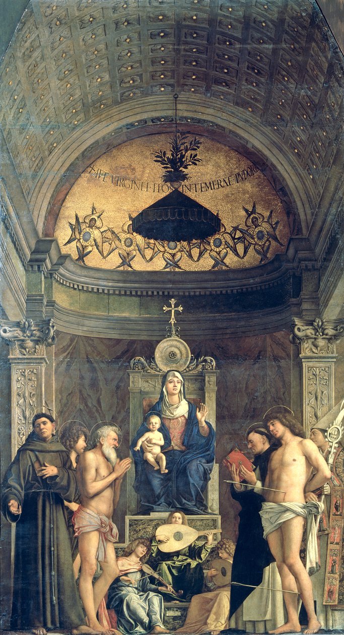 Madonna och barn tronande mellan SS. Franciskus, Johannes Döparen, Job, Dominic, Sebastian och Louis (San Giobbes altartavla) ca 1487 (för detaljer se 61101 och 276359) av Giovanni Bellini
