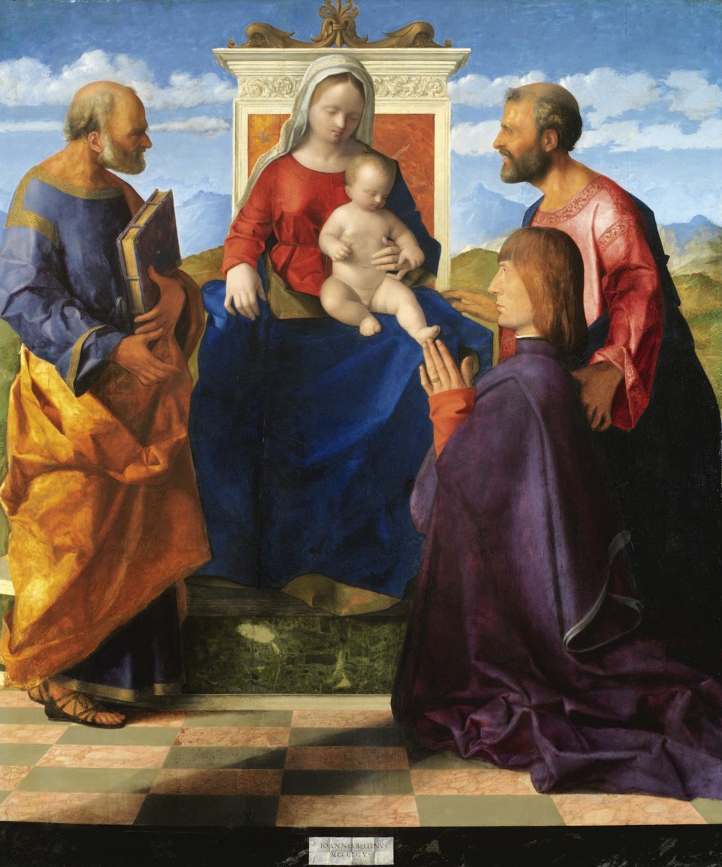 Madonna med barn krönt av helgon och donator av Giovanni Bellini