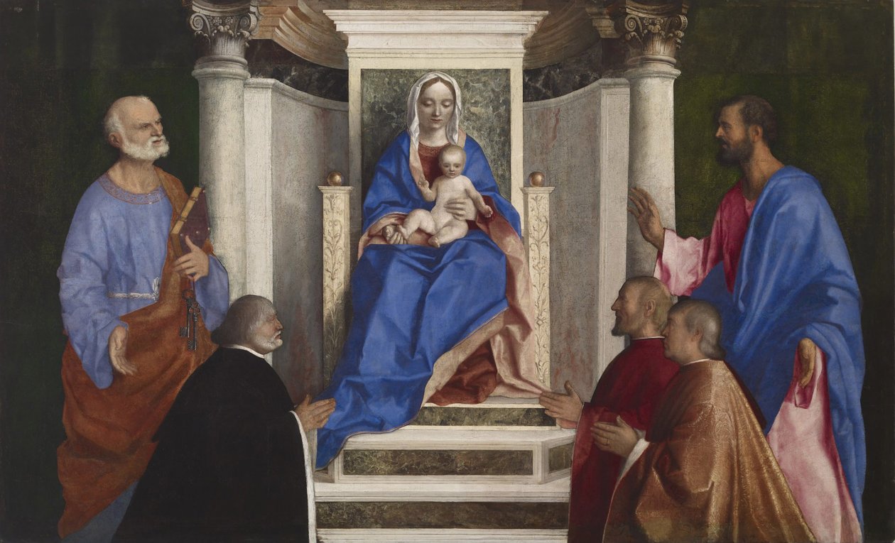 Madonna och barn med de heliga Peter och Markus och tre venetianska prokuratorer, 1510 av Giovanni Bellini