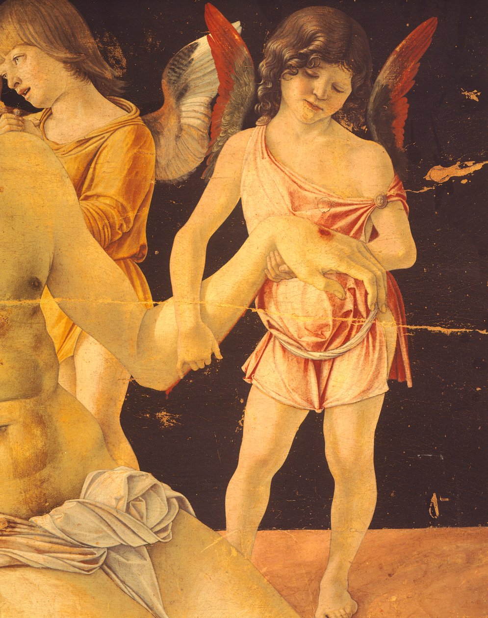 Pieta or Dead Christ Supported by Angels, ca 1474, av Giovanni Bellini (1431-36 - 1516), tempera på panel, 91x131 cm. Detalj. av Giovanni Bellini