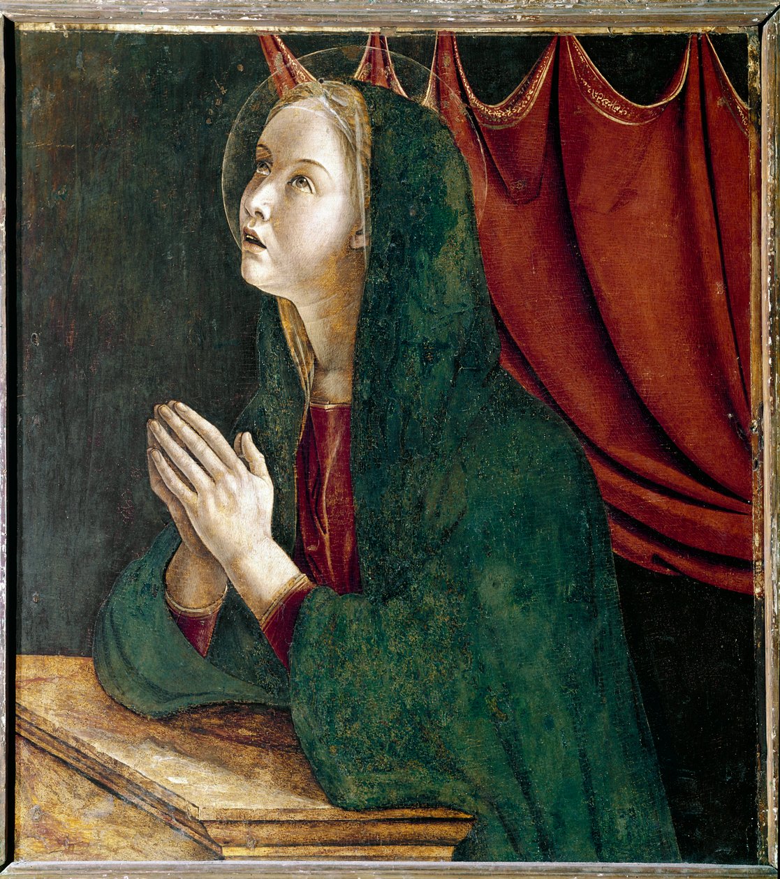 Polyptyk av Saint Vincent Ferrier: jungfru av bebådelsen (Polyptyk av St Vincent Ferrer: jungfru av annunciation) Målning av Giovanni Bellini dit il Giambellino (ca 1432-1516) 1464-1468 Dim 72x67 cm Venedigkyrkan Santi Giovannie av Giovanni Bellini