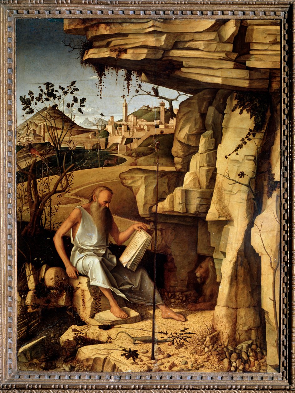 Saint Hieronymus i öknen Målning av Giovanni Bellini dit il Giambellino (ca 1430-1516) 1479 Dim 145x114 cm Palazzo Pitti Florence av Giovanni Bellini