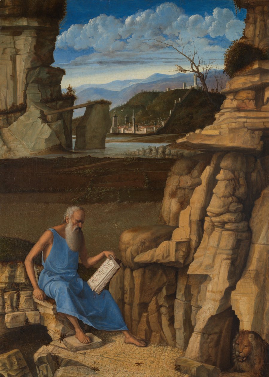 Sankt Hieronymus läser i ett landskap av Giovanni Bellini