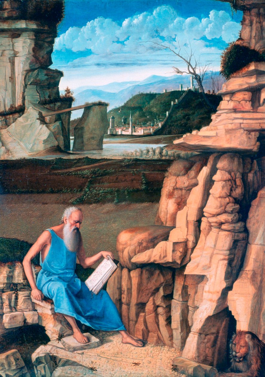 Saint Hieronymus läser i ett landskap, c1480-1485 av Giovanni Bellini