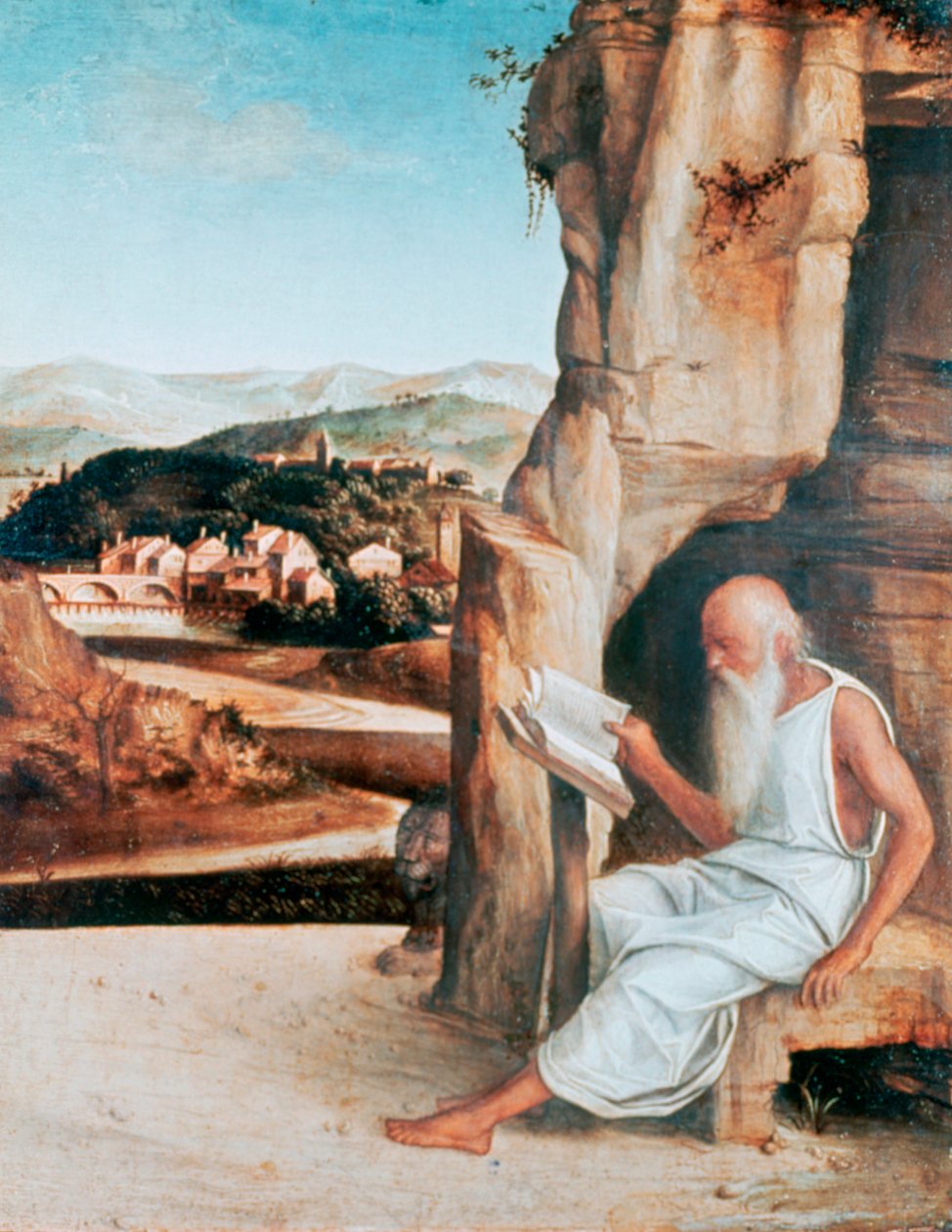St Hieronymus läser i ett landskap, c1450-1516 av Giovanni Bellini