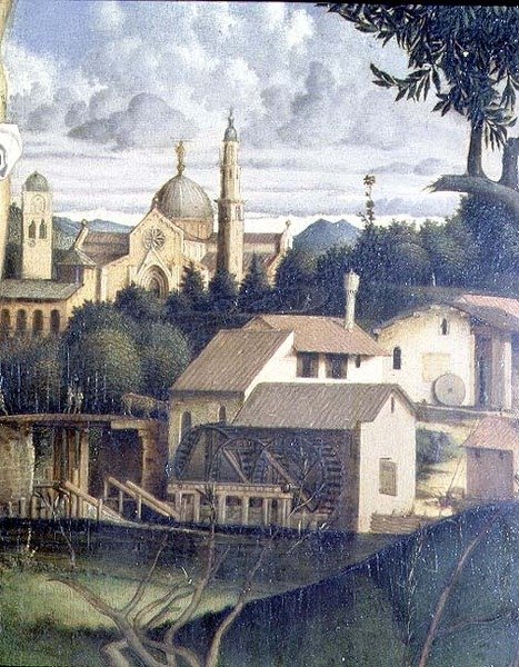 Korsfästelsen, detalj av arkitekturen i bakgrunden (se även 87046, 87045, 87090) ca 1505 (panel) av Giovanni Bellini