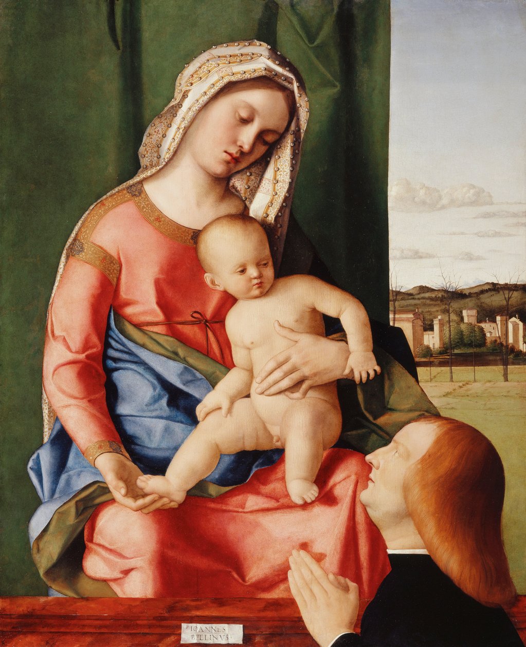 Madonnan och barnet med en manlig donator, ett landskap bortom, av Giovanni Bellini
