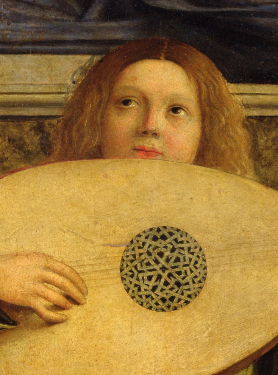 San Giobbe altartavla, detalj av ängel som spelar musik, c.1487 (olja på panel) (detalj av 55433) av Giovanni Bellini