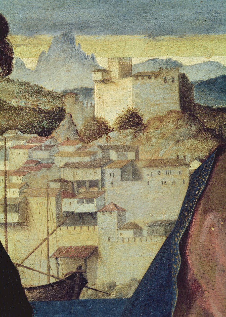 Jungfru och barn mellan Johannes Döparen och ett kvinnligt helgon, detalj av landskapet bakom, ca 1504 (detalj av 161539) av Giovanni Bellini