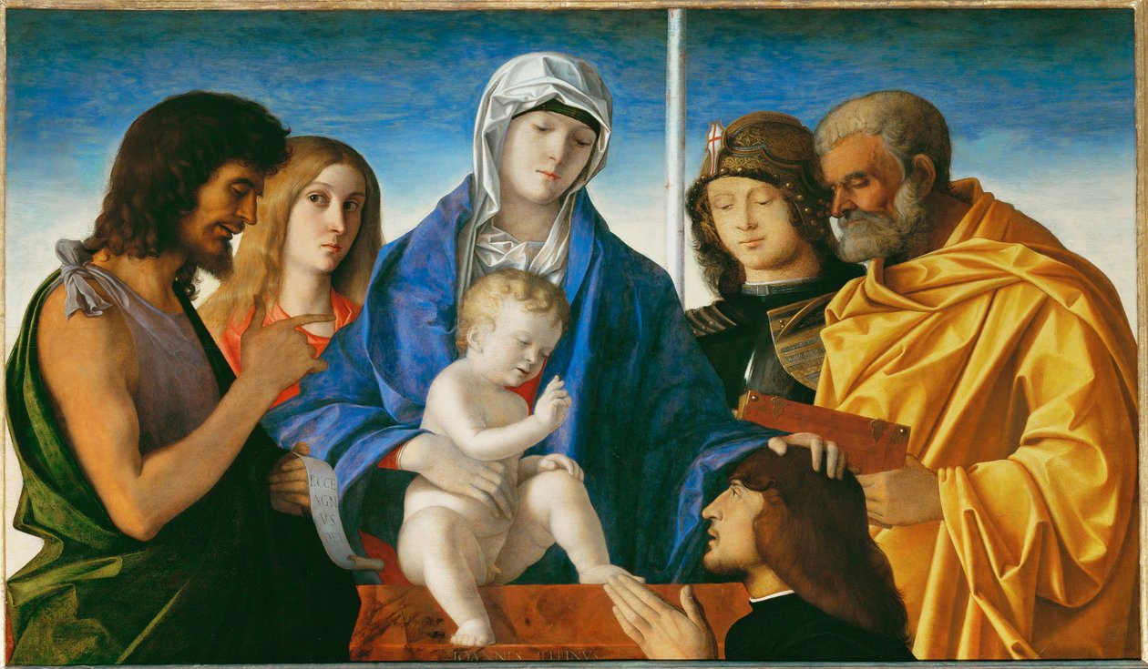 Jungfru Maria och barnet med Johannes Döparen, Magdalena, Georg och Petrus ... av Giovanni Bellini