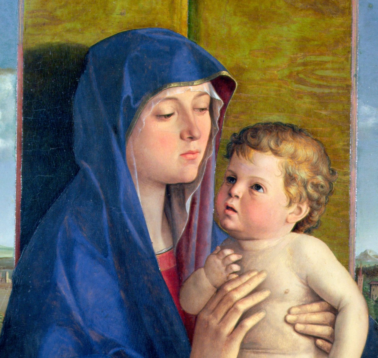 Virgin of the Pear olja på paneldetalj av 76900 av Giovanni Bellini