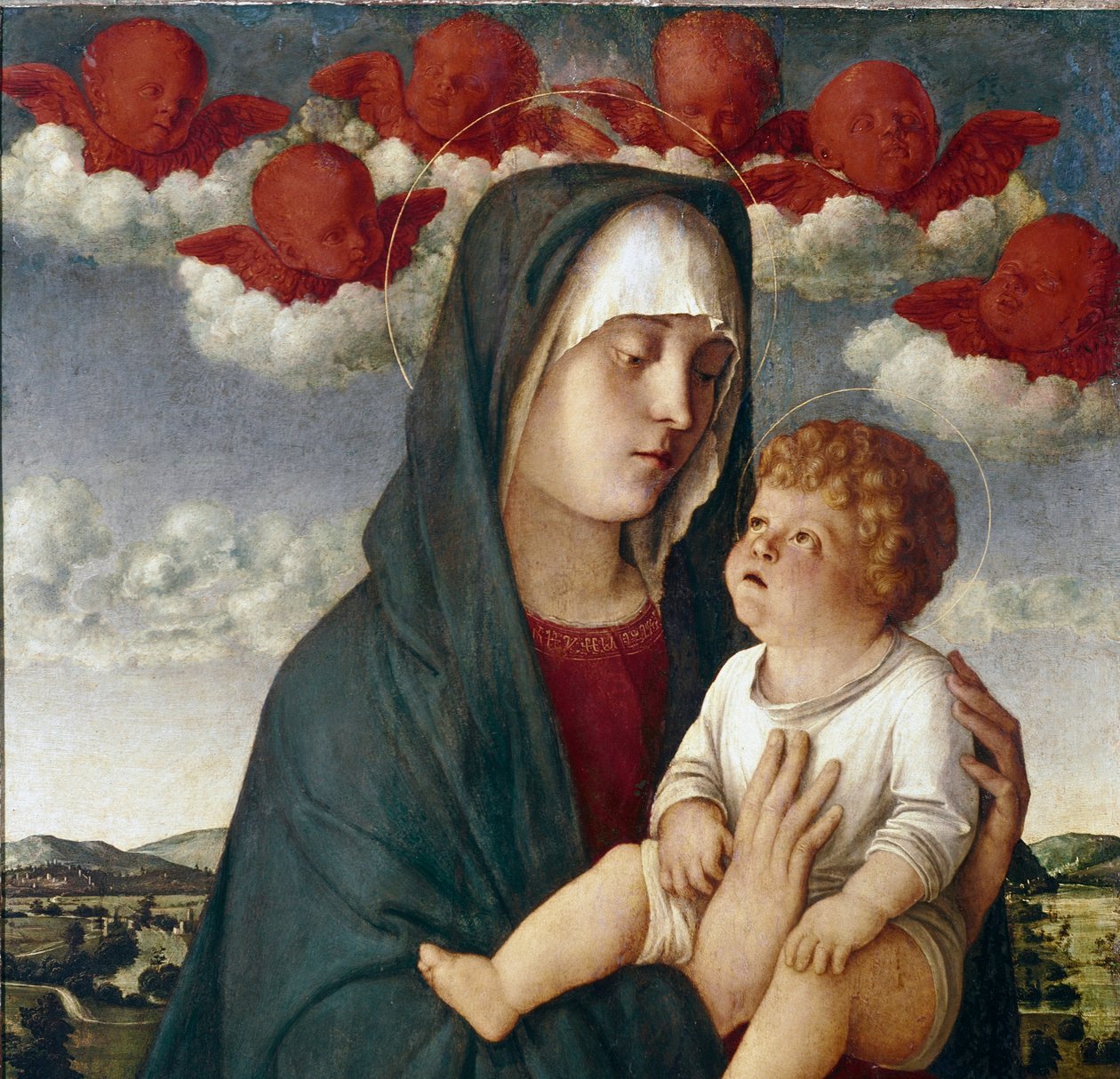 Jungfru med barn och änglar. Detalj (tempera på panelen av Giovanni Bellini