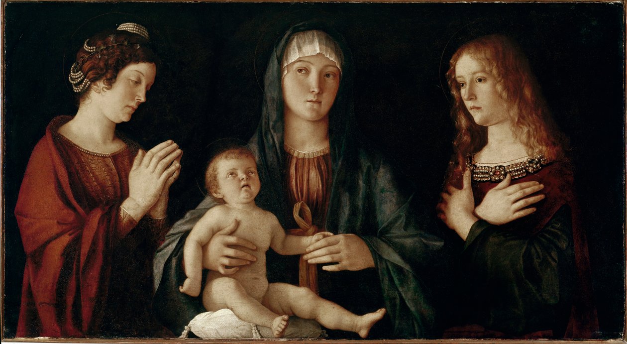 Jungfru med barn med den heliga Katarina och den heliga Maria Magdalena (tempera på panelen av Giovanni Bellini