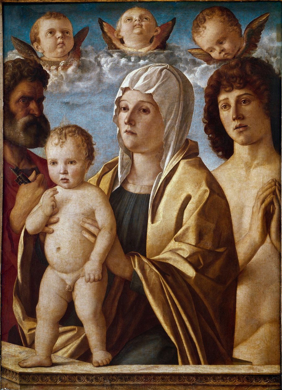 Jungfru med barn med St Peter och St Sebastian (tempera på panel av Giovanni Bellini
