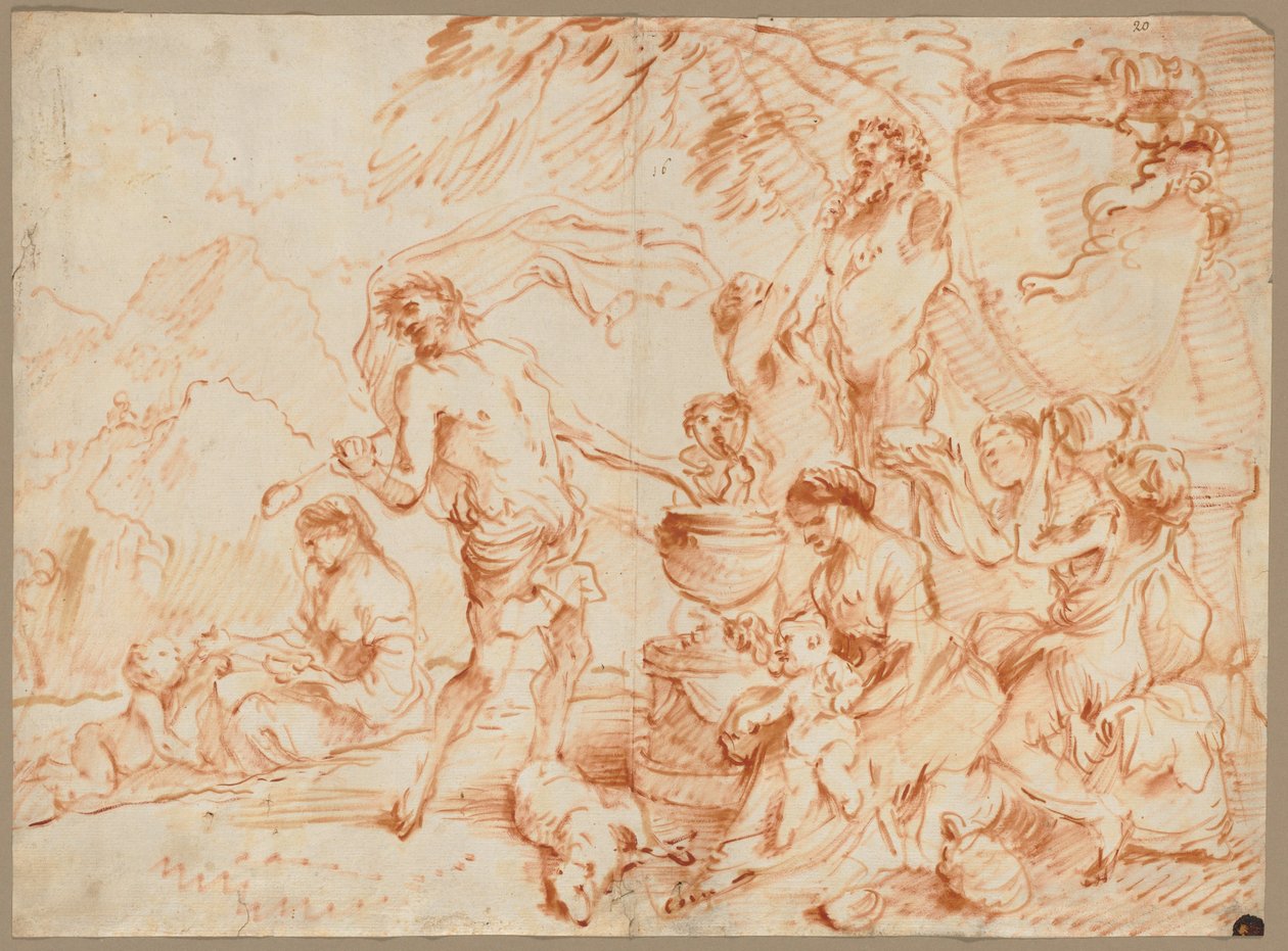 Bacchanal Before a Herm, tidigt 1660-tal (olja och rödbrunt pigment) av Giovanni Benedetto (1609 64) Castiglione