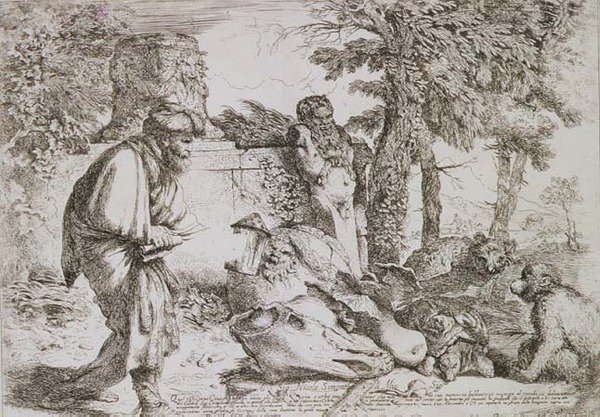 Diogenes söker efter en ärlig man (etsning) av Giovanni Benedetto Castiglione