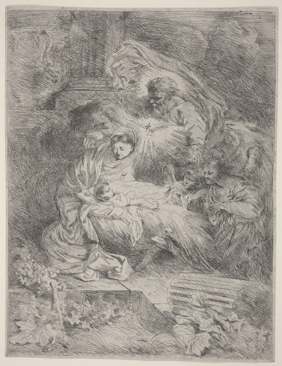 Födelse med Gud Fadern, den helige Andes duva och änglar, ca 1645 (etsning) av Giovanni Benedetto Castiglione