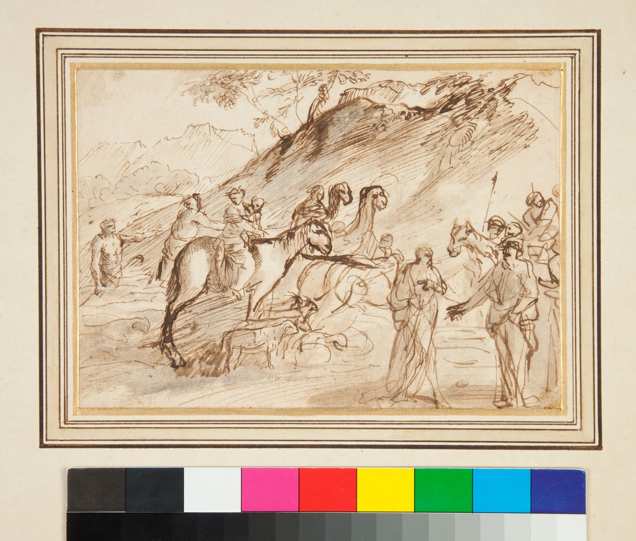 Ett möte mellan två män, hästar och kameler i bakgrunden (penna och brunt bläck och grått tvätt) av Giovanni Benedetto Castiglione