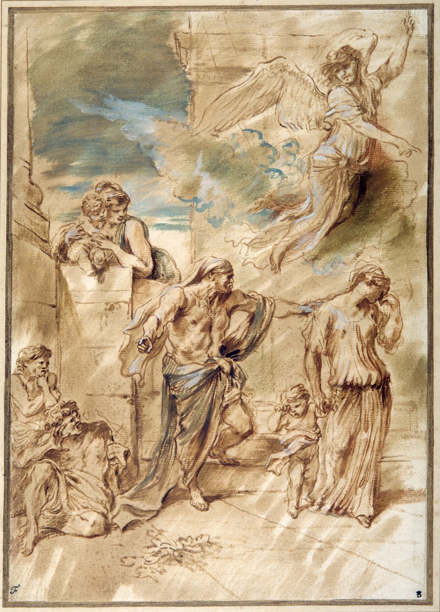 The Expulsion of Hagar (penna & bläck med tvätt & gouache på papper) av Giovanni Benedetto Castiglione