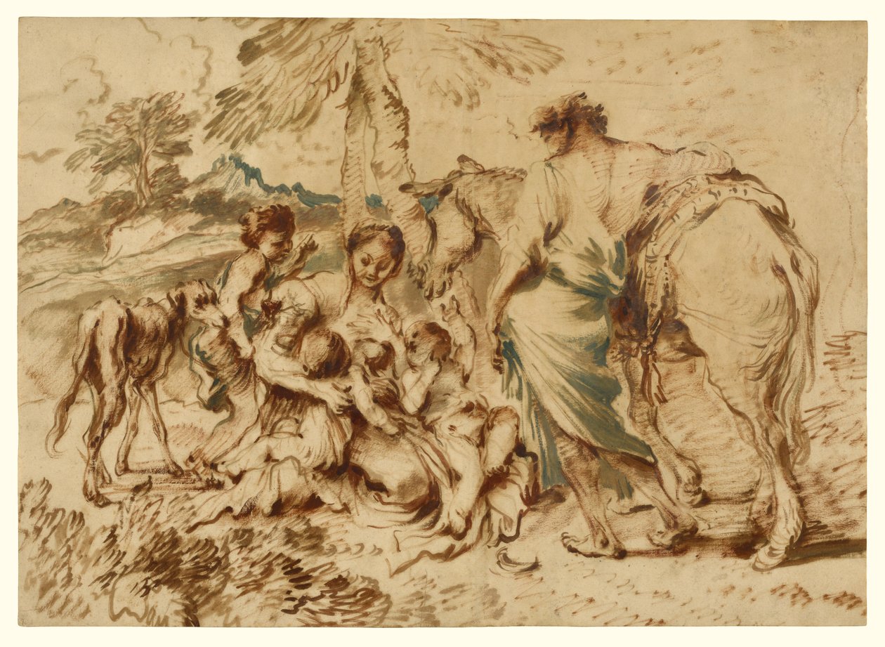 Eine Familie in einer Wüstenlandschaft av Giovanni Benedetto Castiglione