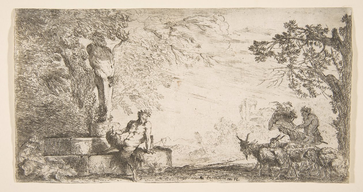 En satyr liggande vid foten av en staty av Priapus, getter till höger, ca. 1645-48. av Giovanni Benedetto Castiglione