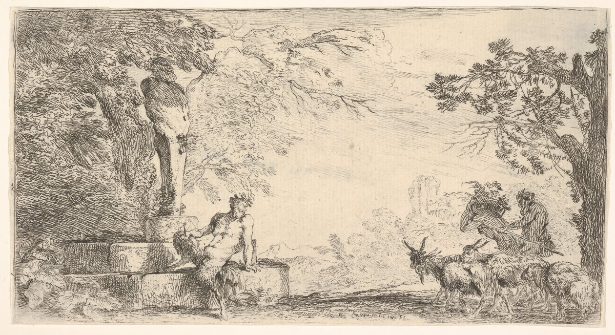 En satyr liggande vid foten av en staty av Priapus, getter till höger, ca. 1645-48. av Giovanni Benedetto Castiglione