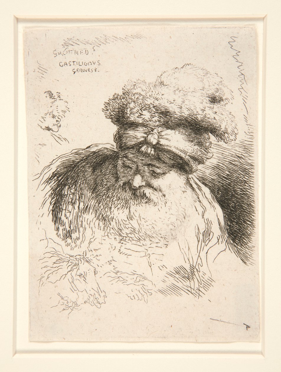 En gammal man med stort skägg, sett framifrån, med huvudet och ögonen sänkta, från serien Les petites tetes d av Giovanni Benedetto Castiglione