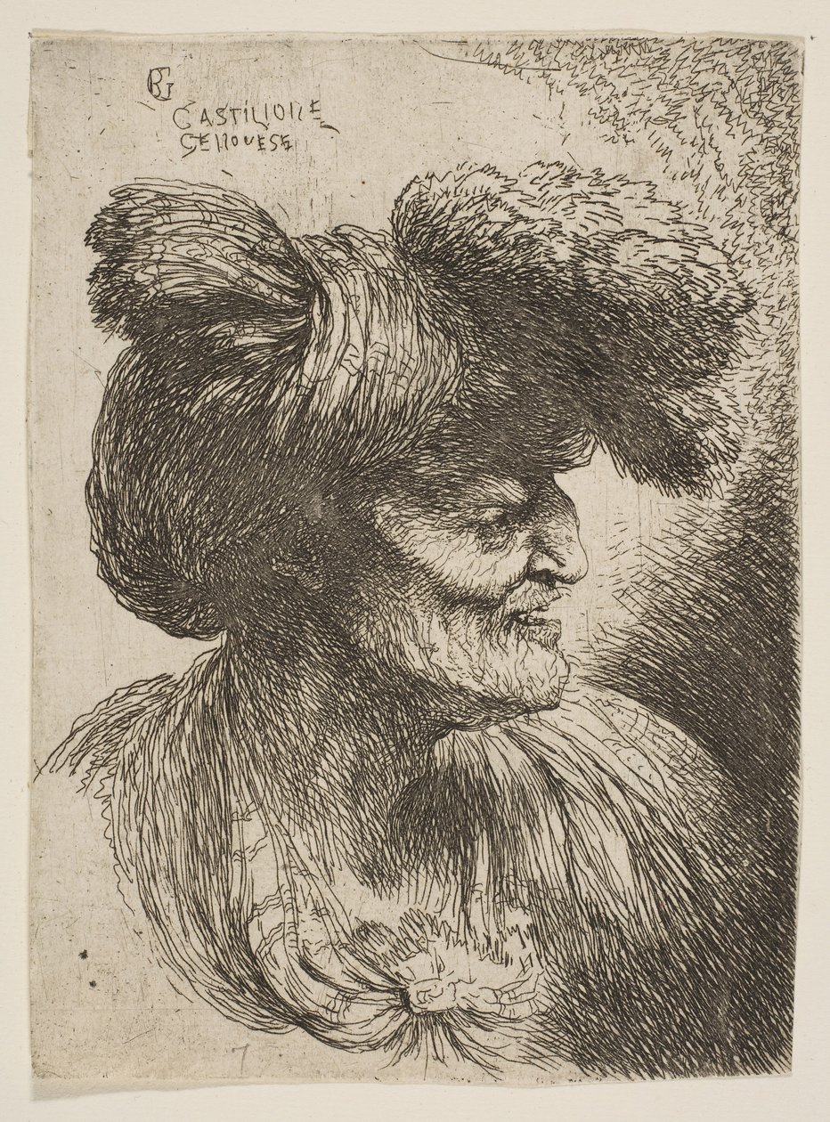 Byst av skägglös gubbe i profil vänd åt höger, från serien Small Head..., ca. 1645-1650. av Giovanni Benedetto Castiglione