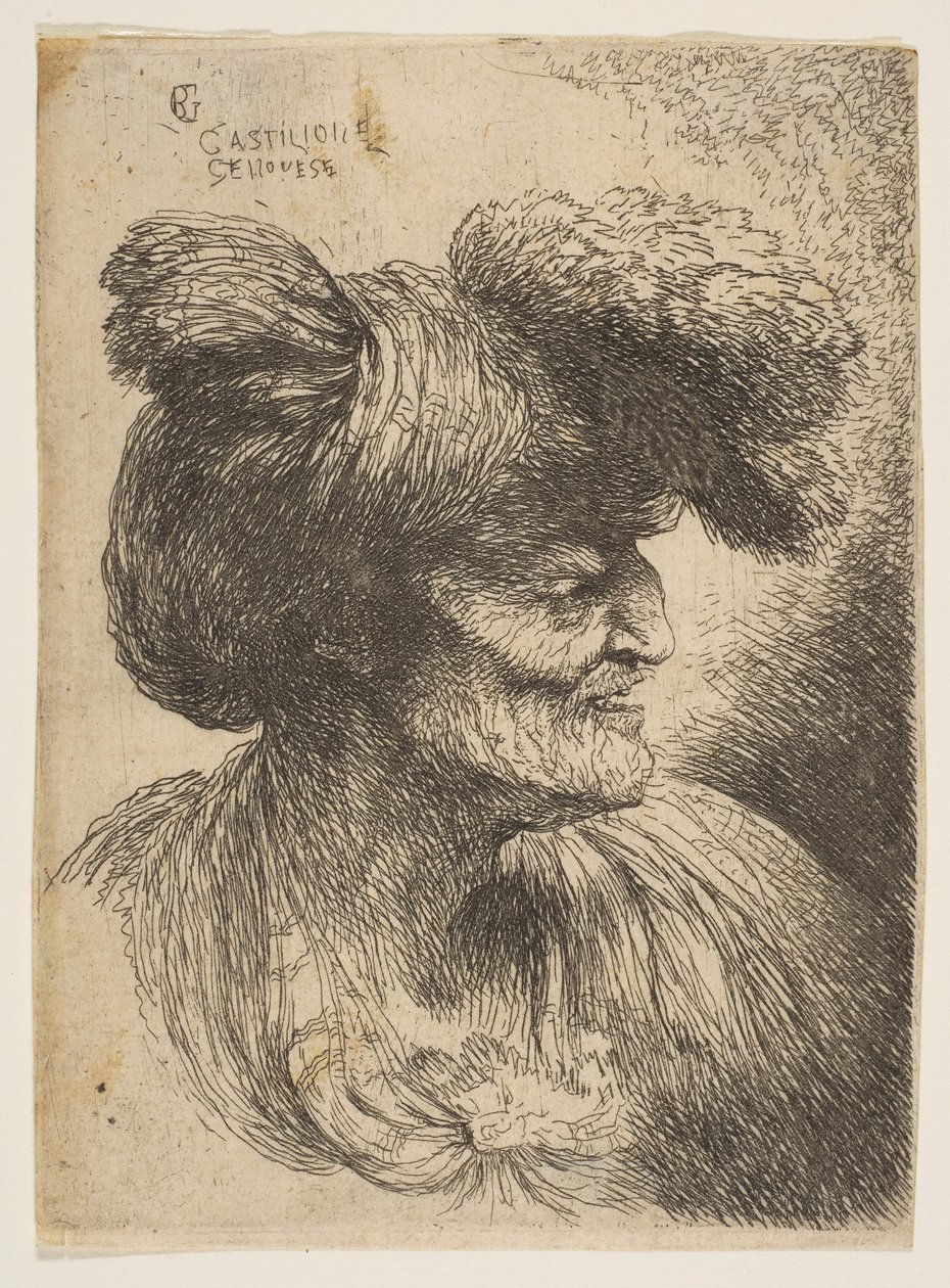 Byst av skägglös gubbe i profil vänd åt höger, från serien Small Heads ..., ca. 1645-50. av Giovanni Benedetto Castiglione